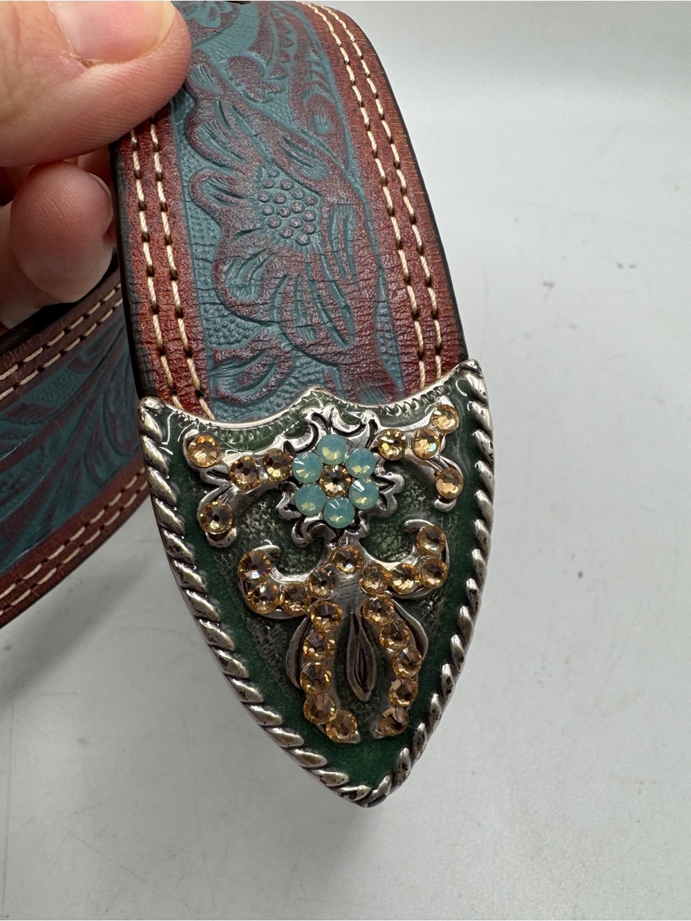 Tooled Leather Western Belt with Ornate Sparkle Floral Buckle - Teal & Brown XL - Picture 5 of 12